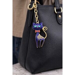 Mint Cat Purse Charm Keychain Gold Tone Metal Rhinestones Gem Eyes Bag Charm